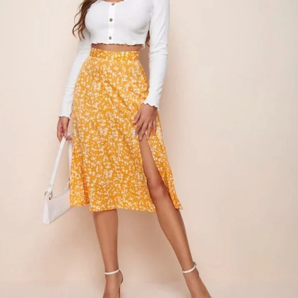 Boho ditsy floral print midi slit skirt GREEN - Picture 4 of 14